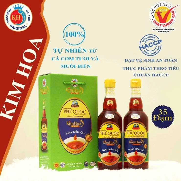 Nước Mắm PHÚ QUỐC Kim Hoa 35 Độ Đạm - Hộp 2 chai thủy tinh 520ml